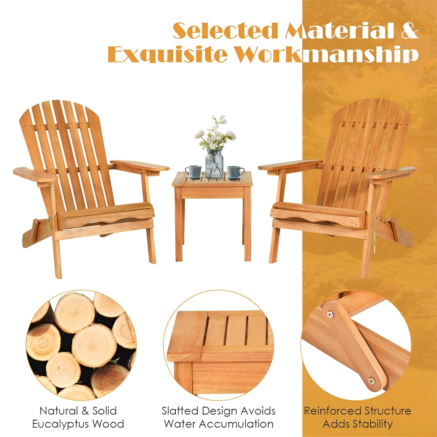 3 Pieces Adirondack Chair Set with Widened Armrest Selected material