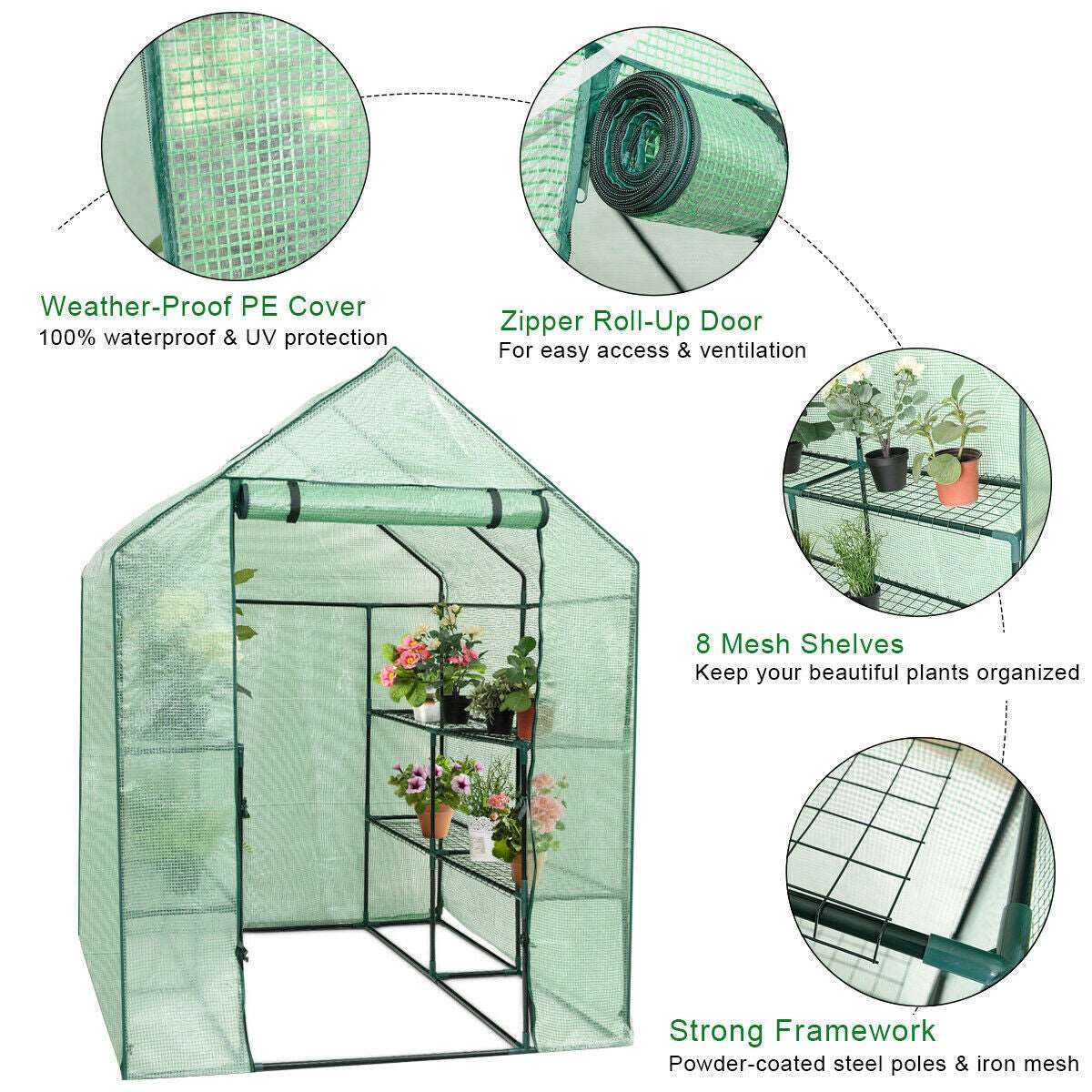 Portable Outdoor Walk-in 8 Shelves Greenhouse - Greenhouse