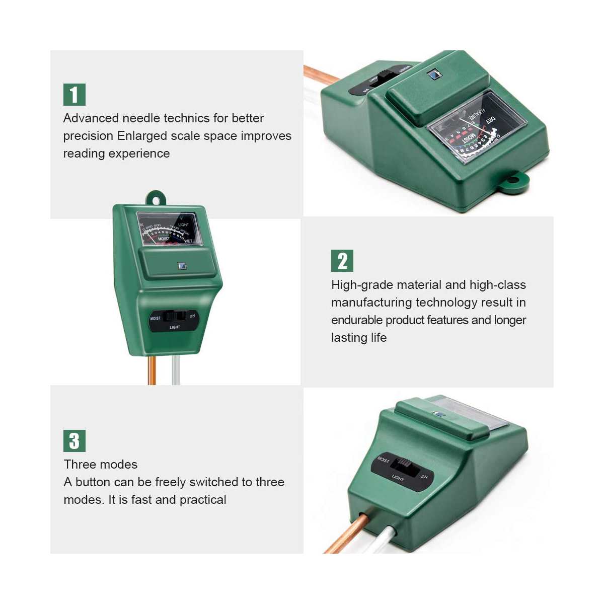 3 In 1 Soil pH Moisture Light Intensity Meter Tester for Plants Growth