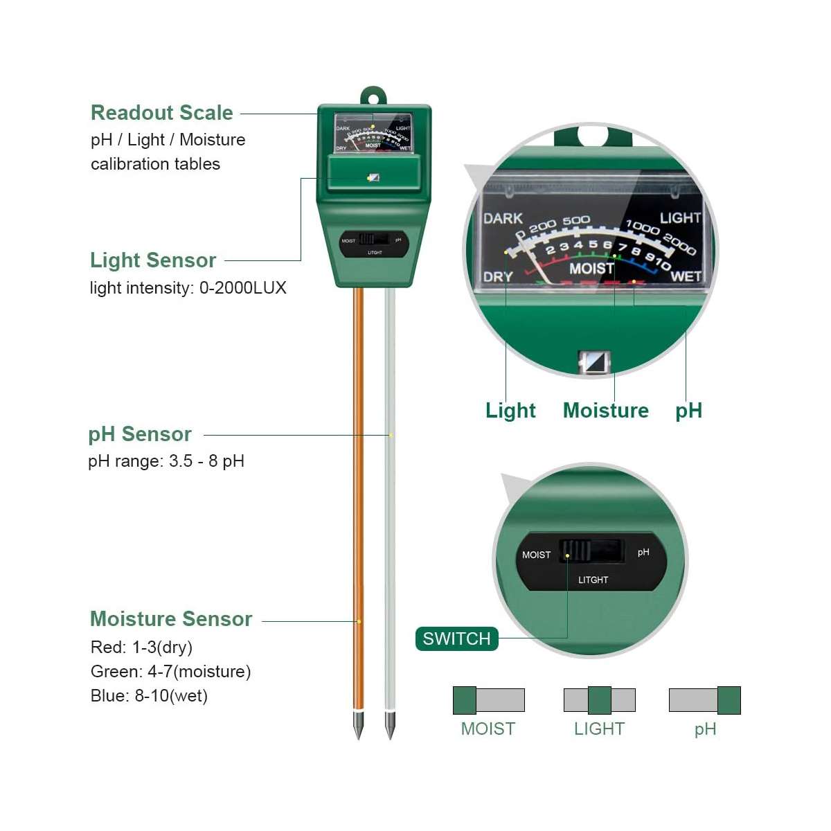 3 In 1 Soil pH Moisture Light Intensity Meter Tester for Plants Growth Green Valley Garden