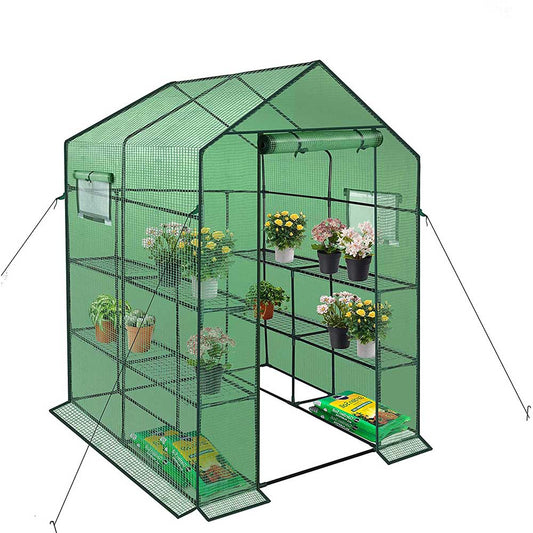 Reinforced Walk in Greenhouse with Window,Plant Gardening Green House 2 Tiers and 8 Shelves L56.5 x W56.5 x H76.5