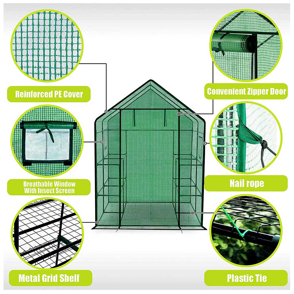 Reinforced Walk in Greenhouse with Window,Plant Gardening Green House 2 Tiers and 8 Shelves L56.5 x W56.5 x H76.5