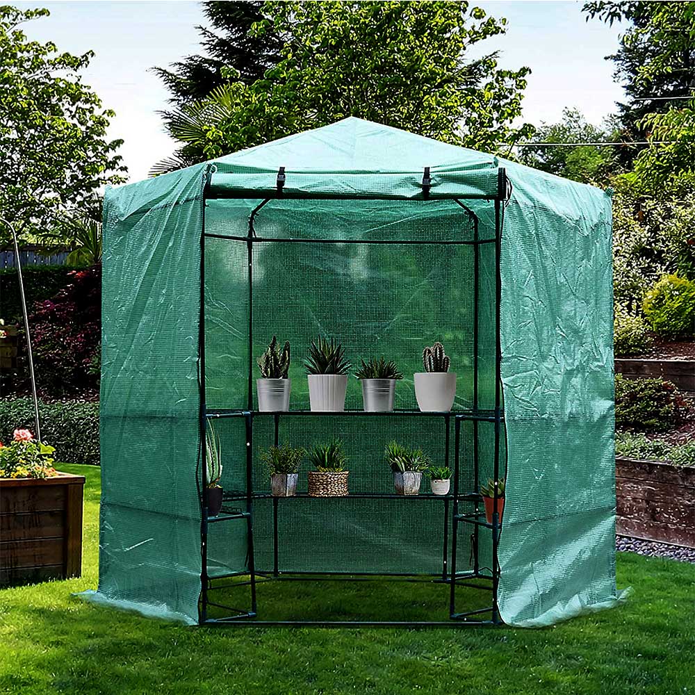 6.5FT x 7.5FT 3 Tier 10 Shelf Outdoor Portable Walk in Hexagonal Greenhouse Kit Plant Hot House for Outdoor Indoor